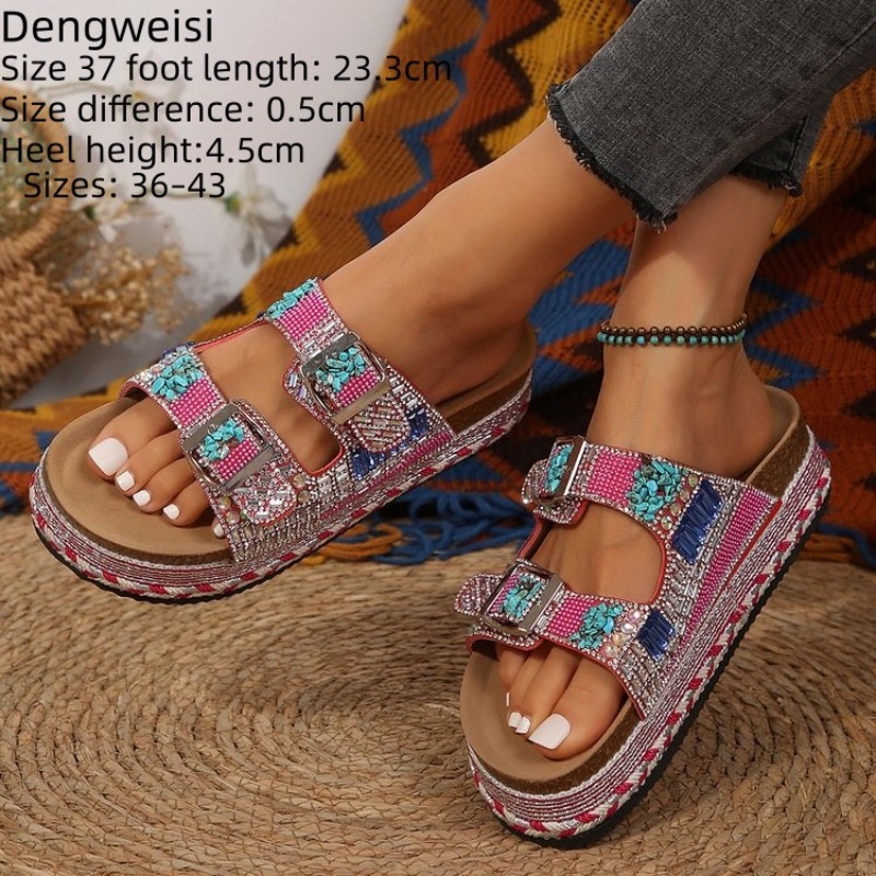 Cork Wedge Sandal - Sandálias Femininas de Plataforma com Contas