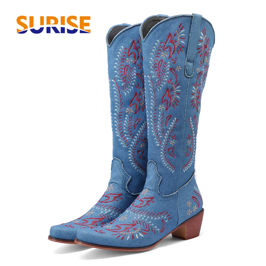 Western Cowgirl Boot - Azul denim ocidental cowgirl joelho botas